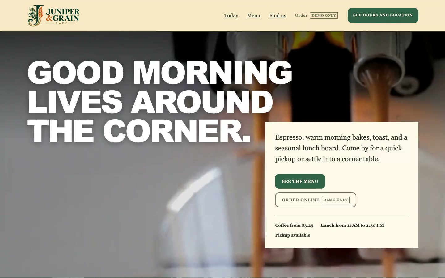 Juniper & Grain Café desktop website viewport