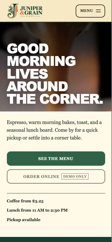 Juniper & Grain Café mobile website viewport