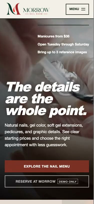 Morrow Nail Room website on an iPhone